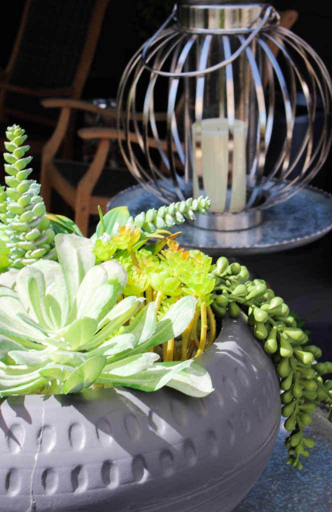 Bowl of succulents, metal candle holder, rocking chair