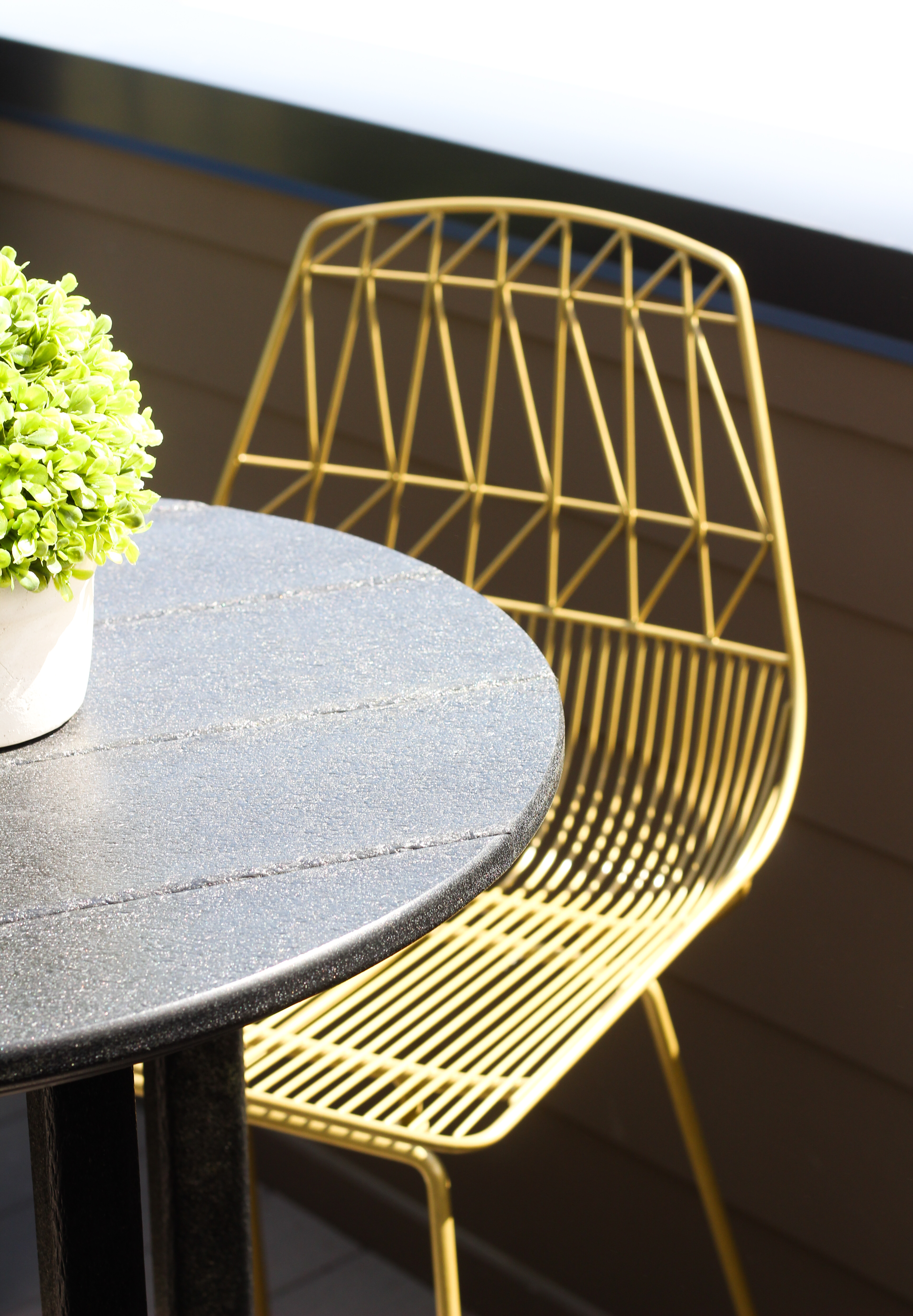 gold metal barstool, custom table, greenery, rooftop lounge