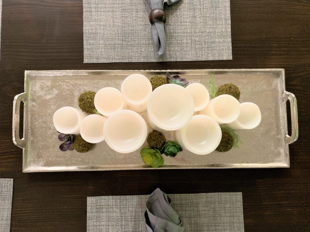 candles on metal tray, centerpiece, masculine table decor, transitional table decor