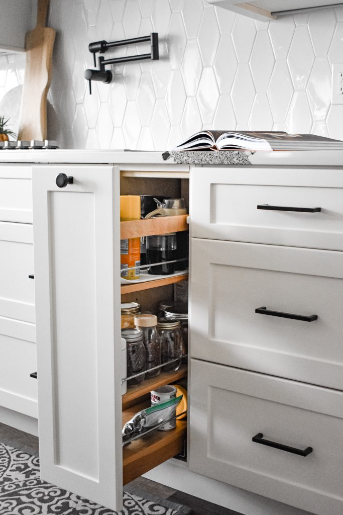 pull-out pantry, white cabinet, frigidaire refrigerator, Rogers, Arkansas, modern kitchen, white backsplash